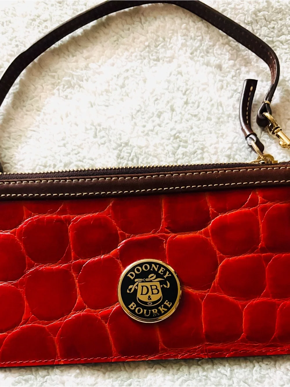 Dooney & Bourke Red Croc-Embossed Wristlet with Brown Trim